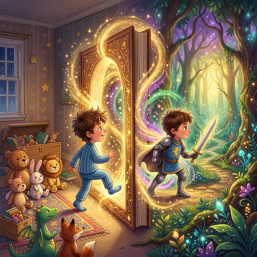 A child stepping through a magical storybook portal to become a brave knight