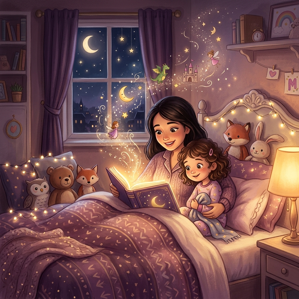 Parent and child snuggled together reading a magical glowing storybook at bedtime